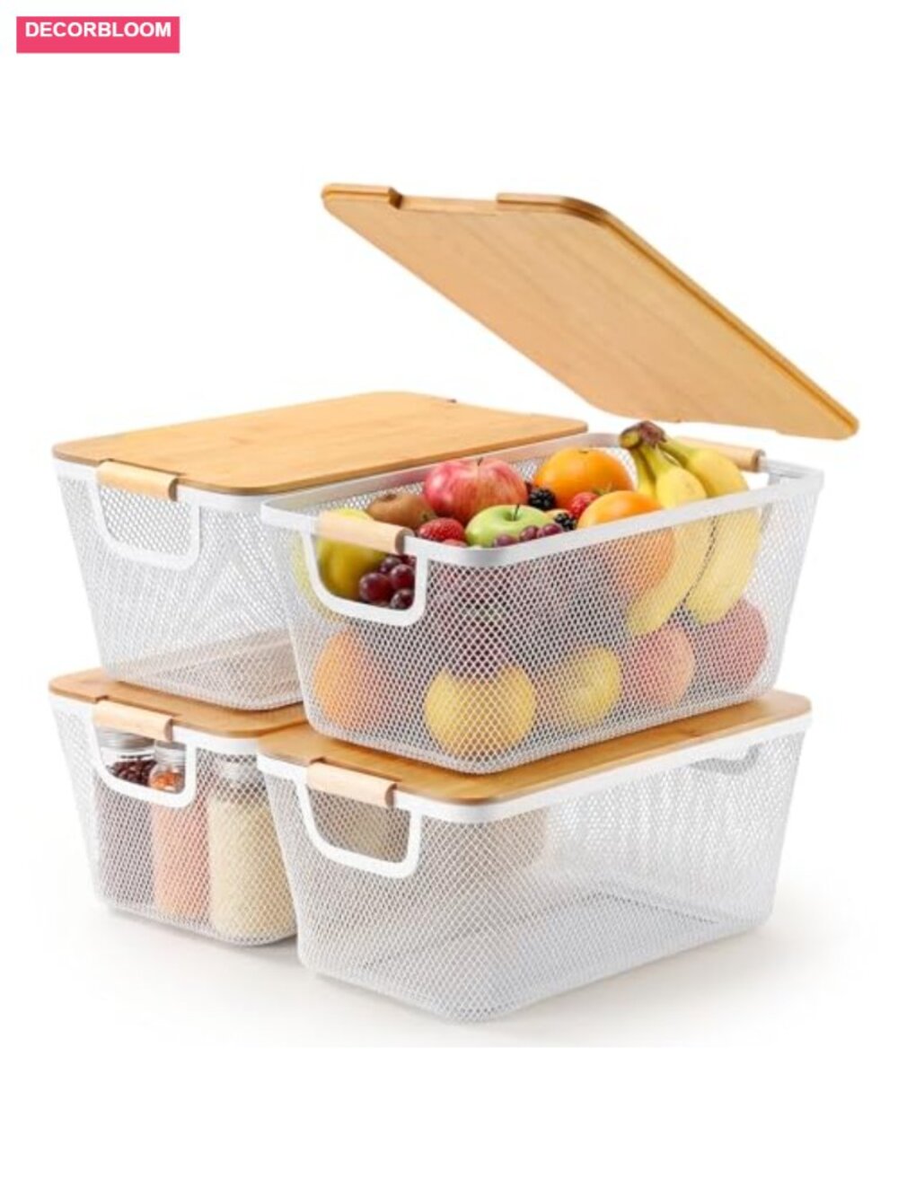 4 Pc Metal Wire Storage Baskets Bamboo Lids Wooden Handles Stackable